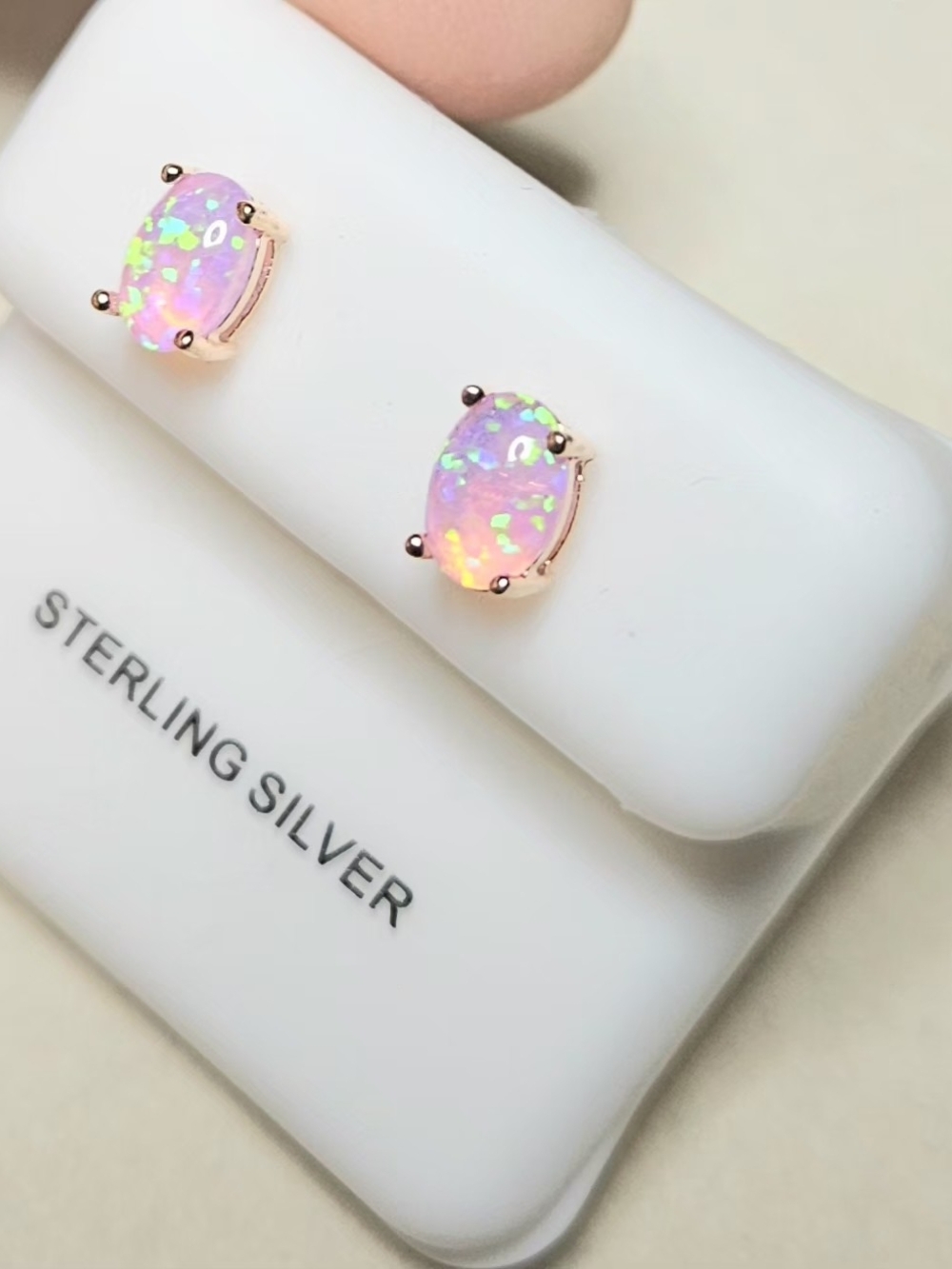 ✨ New Sterling Silver Pink Lab-Created Opal Oval Stud Earrings ✨